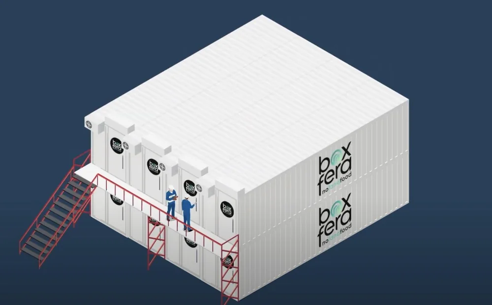 Render de contenedores Boxfera apilados: granja climatizada inteligente en un contenedor