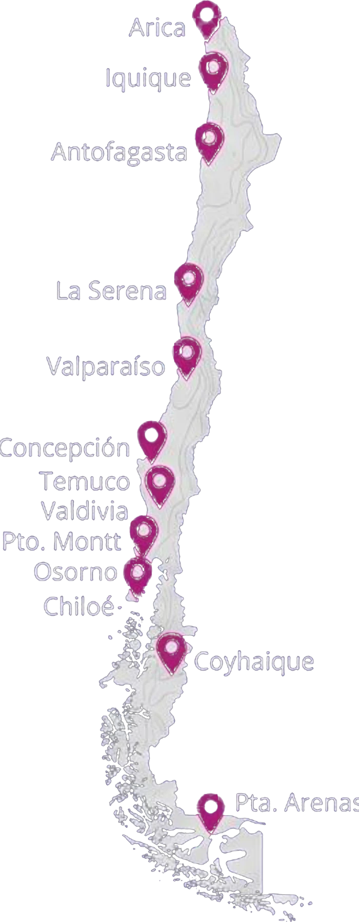 Mapa de Chile con las ciudades donde Axionet tiene capacidad operativa, de Arica a Punta Arenas