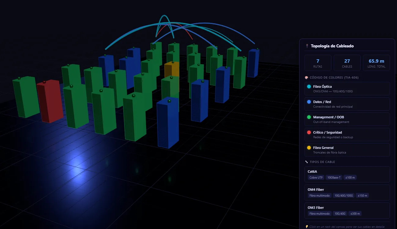 Vista 3D del datacenter con la topología de cableado: rutas de fibra y cobre trazadas entre racks, con código de colores según norma TIA-606