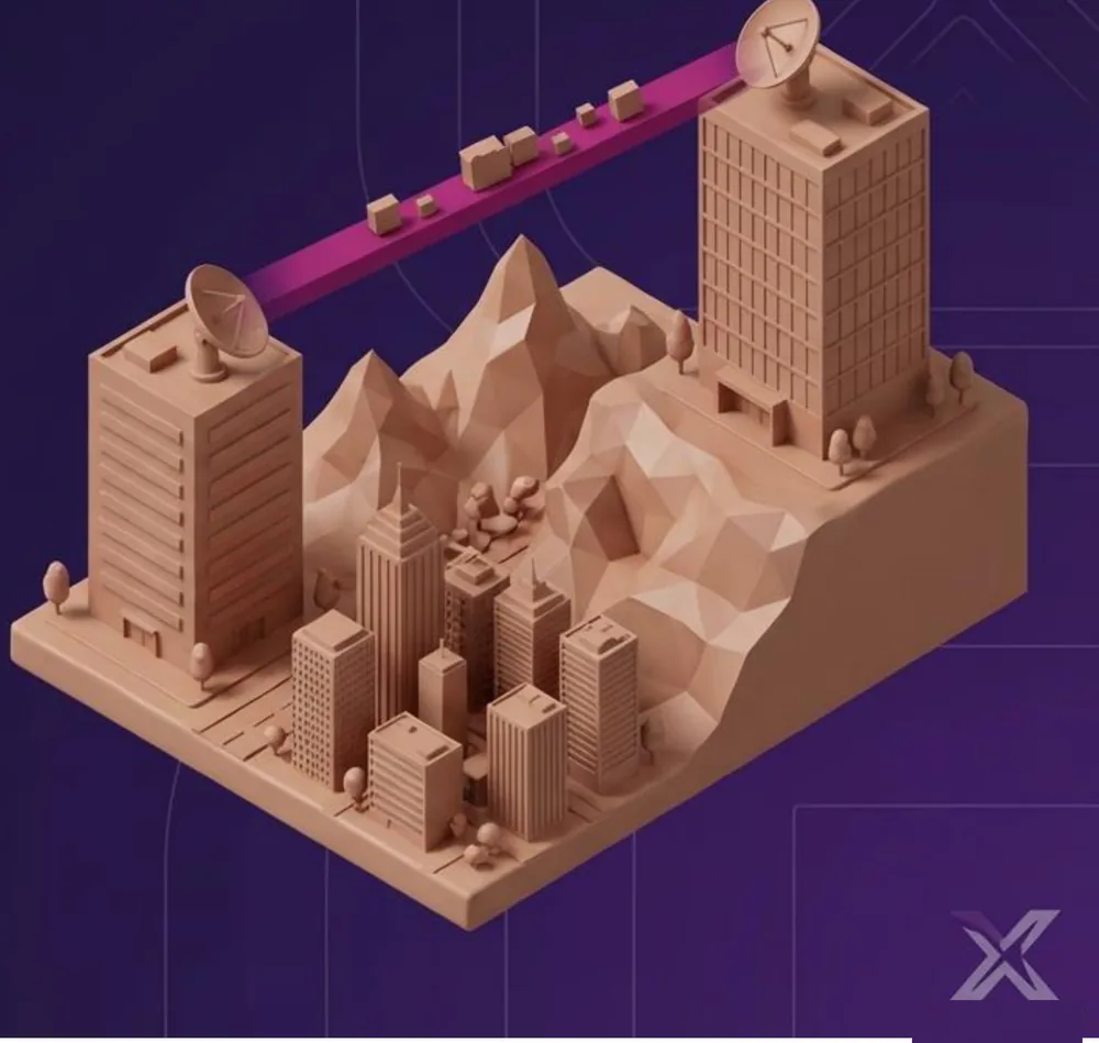 Enlace de microondas conectando dos edificios sobre una ciudad, ilustración isométrica 3D